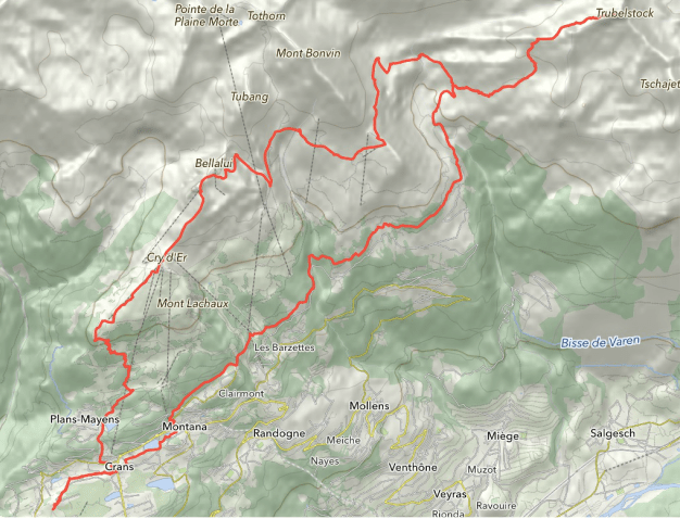 Carte de l'itinéraire piéton conseillé, tracé en rouge de Crans à Bellalui puis au Trubelstock
