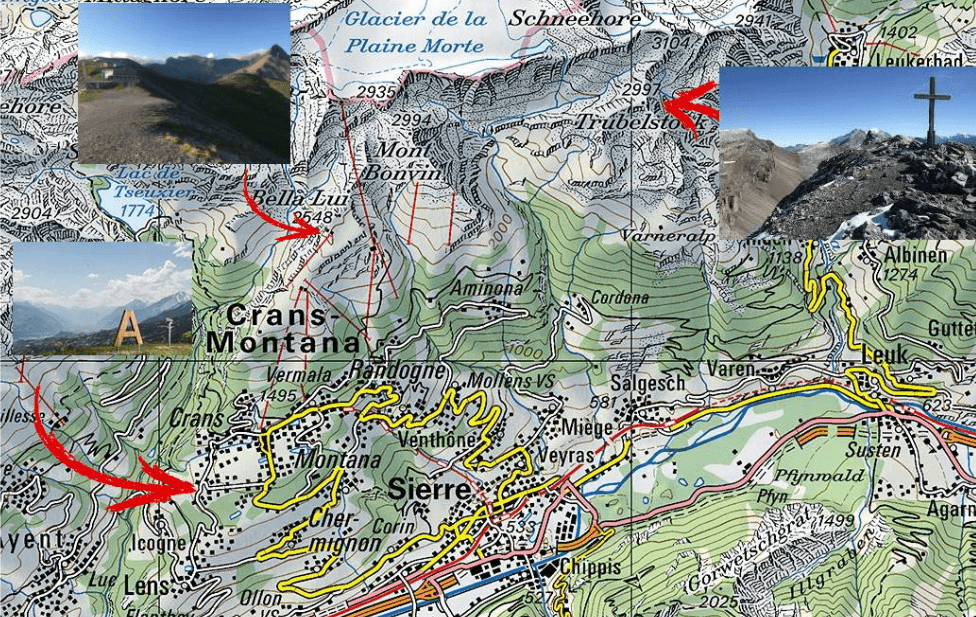 Carte de la région de Crans-Montana avec les points de passage : départ « A » à Crans, Bellalui et la croix du Trubelstock